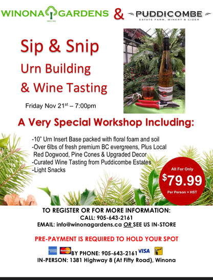 Sip n' Snip Urn Workshop Featuring Wines from Puddicombe Estate Farm