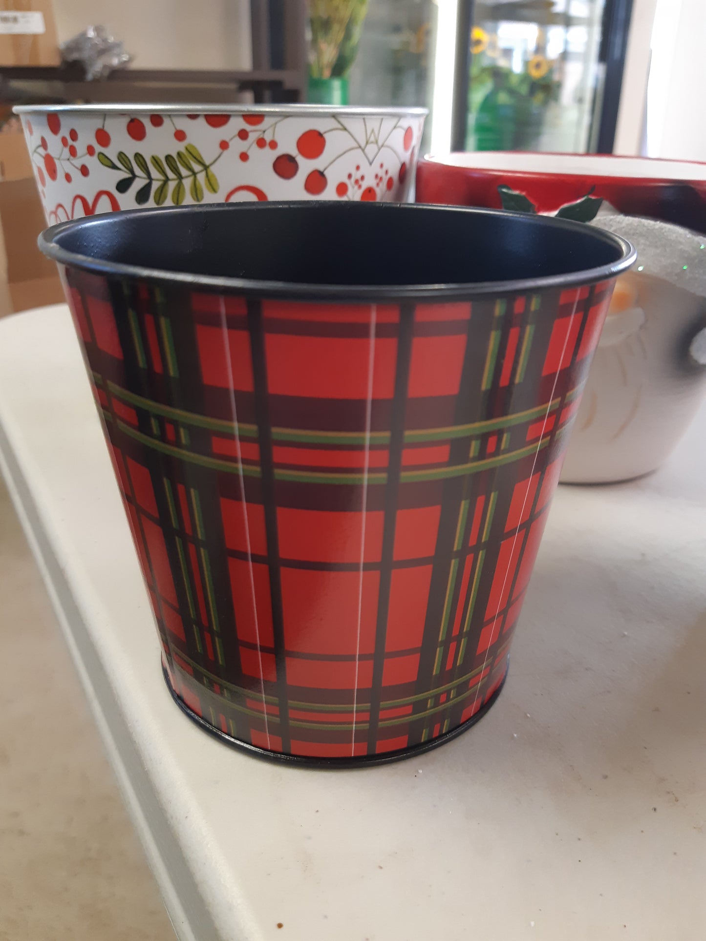 Holiday Plaid Metal Pot 4.5" X 4"